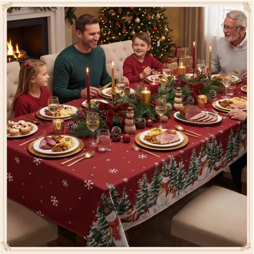 Romanstile Red Christmas Tree Snowman Tablecloth 60 x 84 Inch