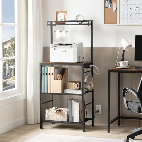 MAHANCRIS Bakers Rack with Power Outlet, Rustic Brown and Black