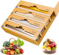 Bamboo Aluminum Foil Organizer & Plastic Wrap Dispenser with Cutter for 11" Rolls - 4 in 1 Parchment, Wax Paper & Saran Wrap Holder - Tin Foil Wrap Organizer for Kitchen Drawer, Countertop & Pantry