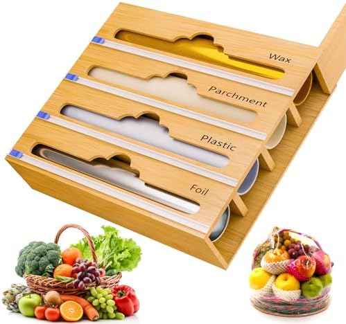 Bamboo Aluminum Foil Organizer & Plastic Wrap Dispenser with Cutter for 11" Rolls - 4 in 1 Parchment, Wax Paper & Saran Wrap Holder - Tin Foil Wrap Organizer for Kitchen Drawer, Countertop & Pantry