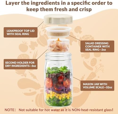 SOLIGT 4 Pack 32oz Glass Salad Jars with Lids