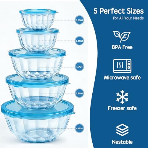 ENVTEK 5‐Piece Glass Mixing Bowls Set with Airtight Lids, Blue