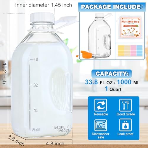 CARBLIN 64 oz Glass Milk Bottle with Lid, 2 Quart Water Pitcher with