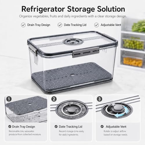 Fridge Storage Box with Drain Tray, Refrigerator Storage Container