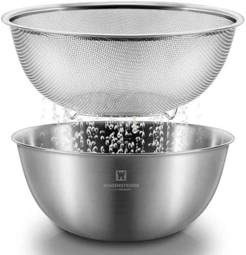WAGENSTEIGER Stainless Steel Mixing Bowl and 3-Legged Colander Set, Multipurpose Kitchen Basket with Fine Mesh Colander, Salad Mixing Bowl with Strainer, Rinsing Vegetables & Fruits (24cm / 9.45")