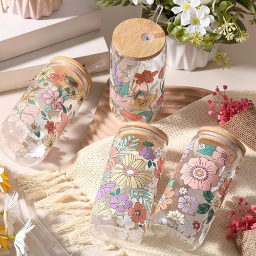 Mumufy 4 Pack Bohemian Flower Glass Cup, 16 oz Tumbler Mug with Bamboo