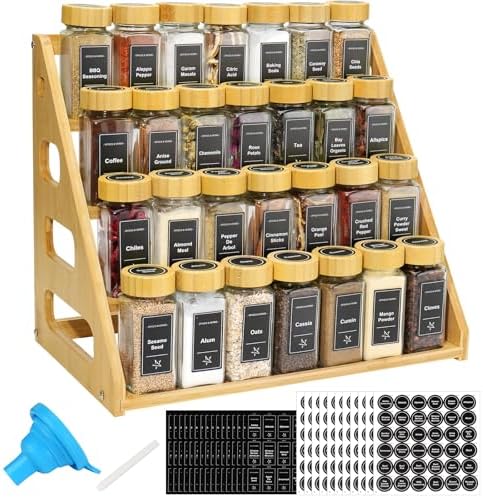 4Tier Bamboo Spice Rack Organizer with 28 Glass Spice Jars Empty 4 oz
