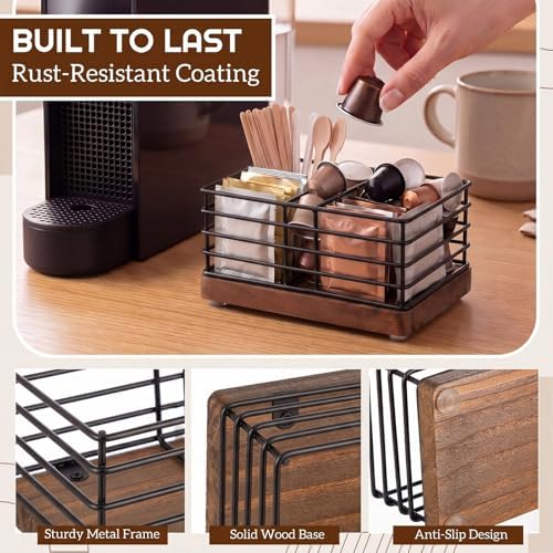 Geelin Sugar Packet Holder for Coffee Bar, 3 Slot, Wood Wire, Rustic