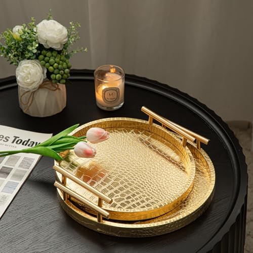 Modern Decorative Tray Set of 2, Wooden Round Crocodile Leather Tray