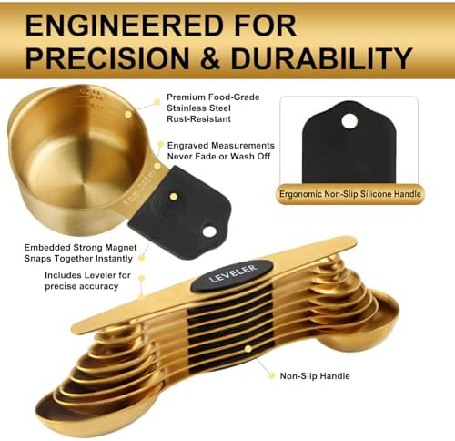 Gold Magnetic Measuring Cups & Spoons Set of 16, 7 Stainless Steel