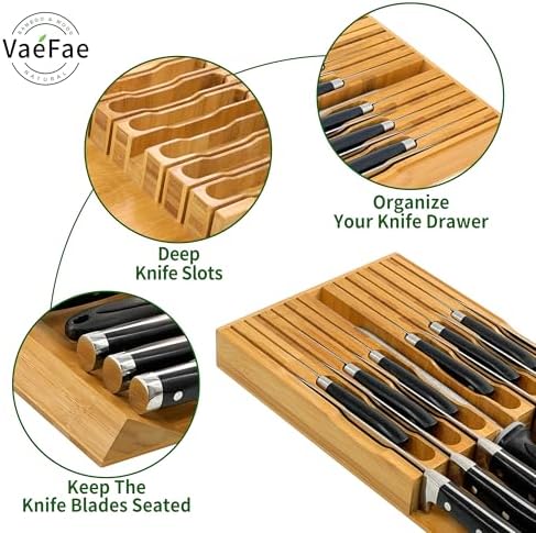 VaeFae Bamboo Knife Drawer Organizer for 12 Knives