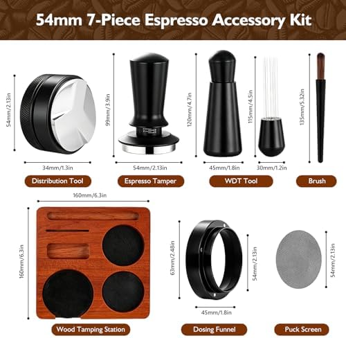 54mm Espresso Accessories Kit, 7Pcs Coffee Tamper Set with Wooden