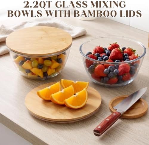 Mifoci 2 Pcs 2.1 Qt Glass Mixing Bowls with Bamboo Lid, Large Salad
