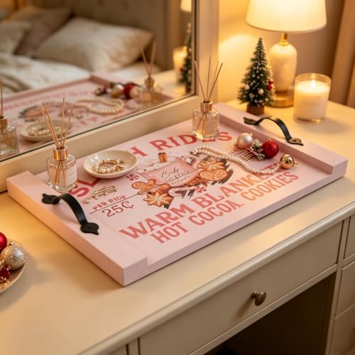 Pastel Pink Christmas Wooden Serving Tray with Metal Handles, Sleigh