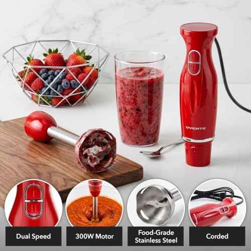 OVENTE Electric Corded Hand Blender, 300W with 2 Mixing Speeds Red