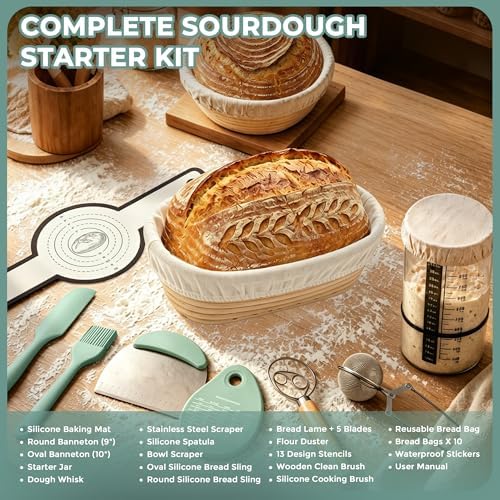 Sourdough Starter Kit, Round & Oval Banneton Baskets, Starter Jar