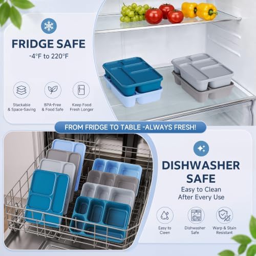 4 Packs Bento Snack Box Container for Adults with 4 Sauce Cups, Blue