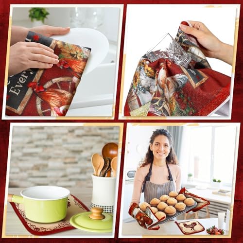 Fourluoo 10 Pcs Red Rooster Kitchen Set Towels Oven Mitts Pot Holders