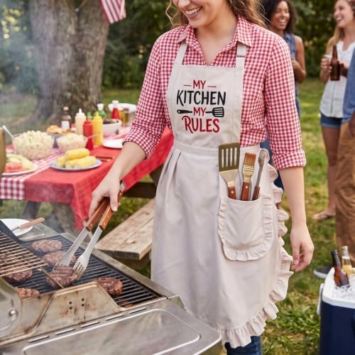 Elife Kitchen Apron, 3D Embroidered Cooking Apron with Pockets for