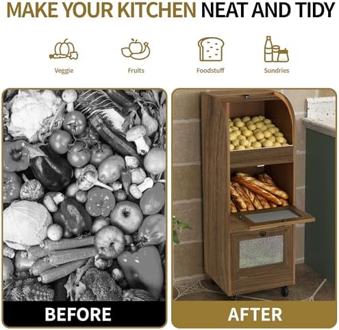 3-Tier Potato & Onion Storage Bin with Wheels,Ventilated Bread