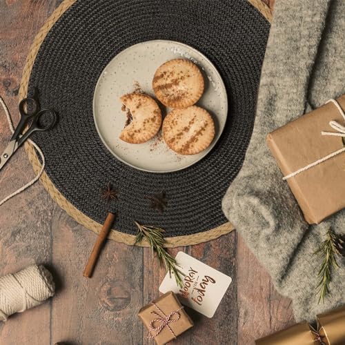 Round Placemats Set of 6, Woven Table Mats, Thin Edge, Black