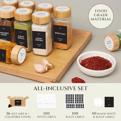 Thick Glass Spice Jars With Bamboo Lids 4 oz, Waterproof Labels