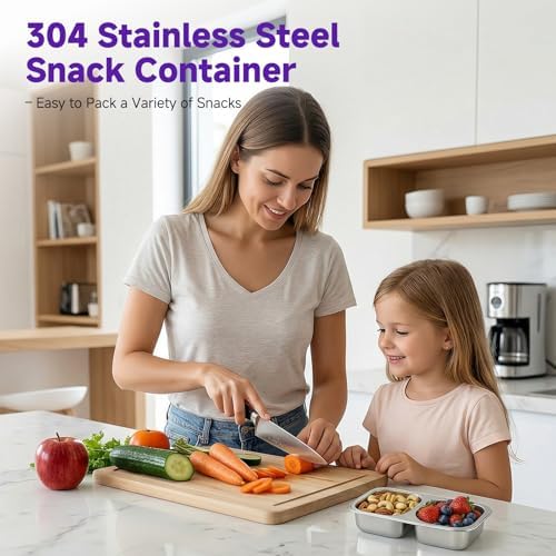 Stainless Steel Snack Containers with Lid, Reusable 2 Compartment