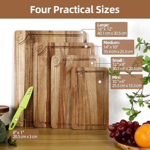 Labeled Cutting Board Set of 4, Wood Chopping Boards with Food Icons