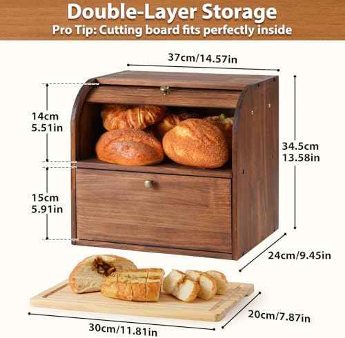 Sunhoo Wooden Bread Box for Kitchen Countertop, Roll Top Breadbox, Brown