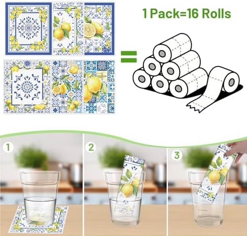 Blue Tiles Lemons Swedish Dishcloths, 6 Pack Reusable Swedish Dish