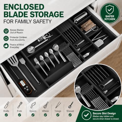 Bamboo Expandable Kitchen Drawer Organizer, 17.8-30 in,Black