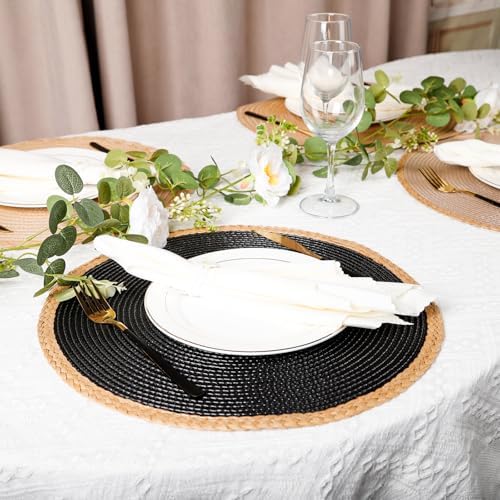 Round Weave Placemats Set of 6, Black with Beige Woven Edge, 15 Inch