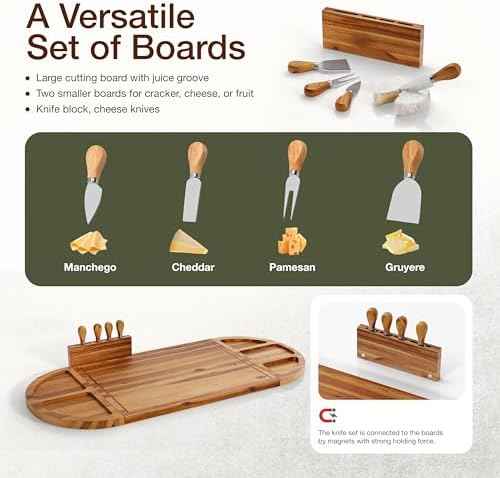TIDITA 30" Large Acacia Wood Charcuterie Board with 4 Knives Set, Magnetic