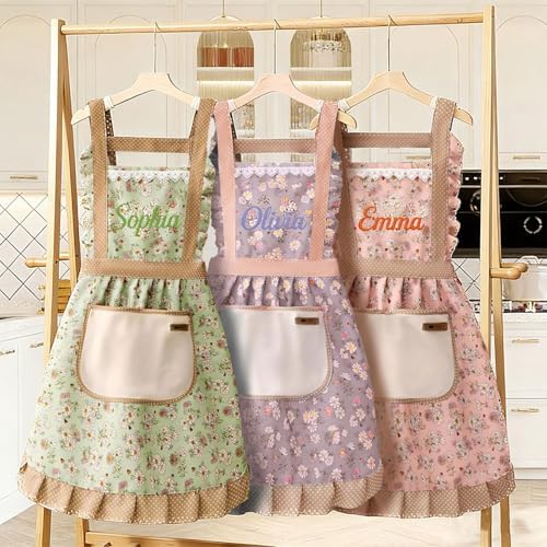 Personalized Embroidered Floral Apron for Women with Name, Vintage
