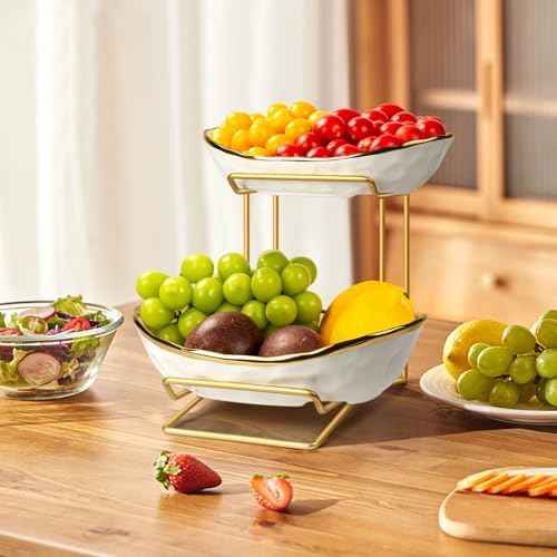 Fruit Bowl for Kitchen Counter, 2 Tier Fruit Basket for Counter, Ceramic Fruit tray, Tiered Holder with Metal Stand, Modern Detachable Rack for Vegetable Snack Dessert Storage (Gold&White)