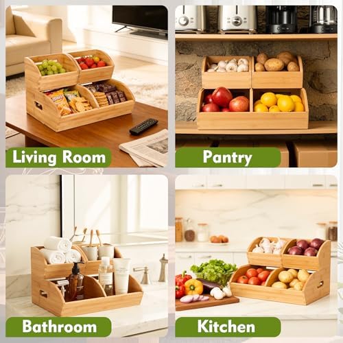 Stackable Bamboo Produce Storage Bin with Ventilation & Handles