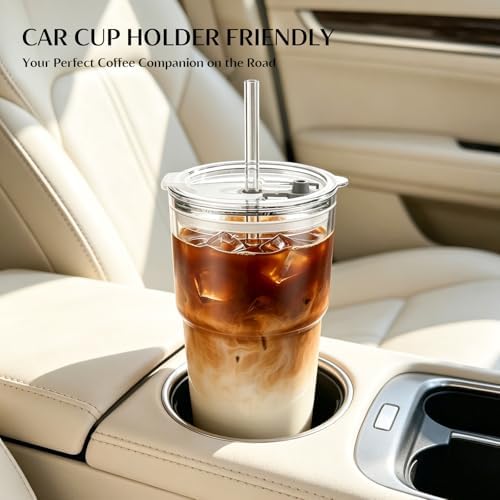 INSETLAN 20 oz Iced Coffee Cups with Lids and Straw, Set of 2 Glass