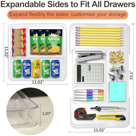 Expandable Drawer Organizer, Adjustable Shallow Tray, 11" to 19" Width