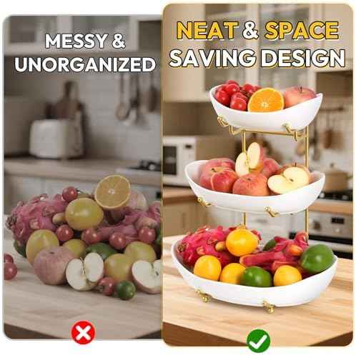 3 Tier Fruit Bowl for Kitchen Counter (PLUS edition) - Large Ceramic Fruit Basket with Metal Stand for Kitchen Countertop, Tiered Fruit Stand for Vegetable Storage, Cake, Snack, Dessert, Nuts