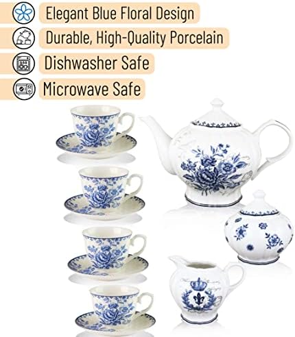 Brew To A Tea Blue Dream Tea Set, 48oz Teapot, 8oz Tea Cups, Saucers