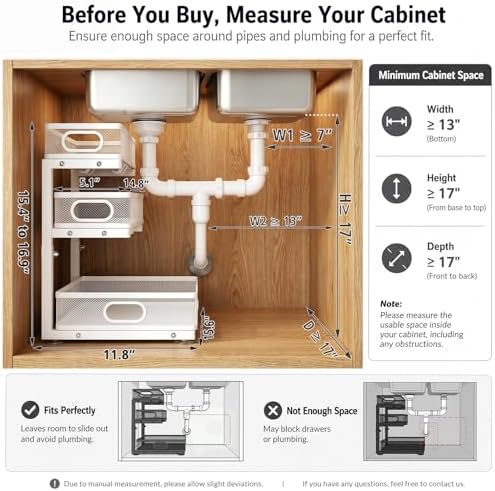 Under Sink Organizer, 3 Tier Pull Out Cabinet Organizer with 5 Adjustable Heights, Metal Under Sink Storage with Sliding Drawers for Kitchen, Bathroom, Pantry and Laundry Room, 2-Pack White
