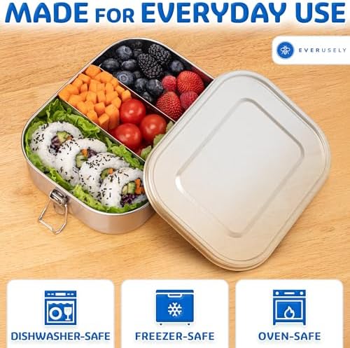 Stainless Steel Metal Lunch Box - 47 oz / 1.4 L, 2 Adjustable Dividers