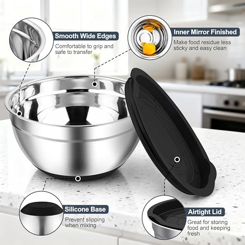 TeamFar Mixing Bowls, Stainless Steel Salad Bowls with Lids - Black