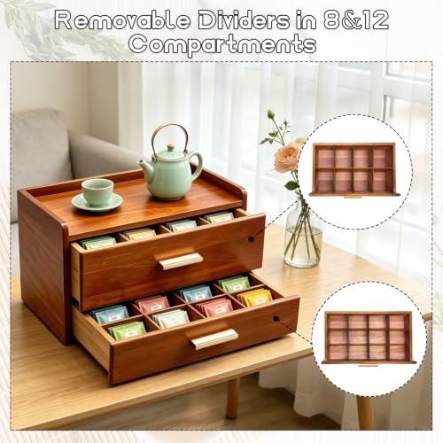 Wood Tea Bag Organizer Drawer With Mat Tea Storage Bag Double-Drawer