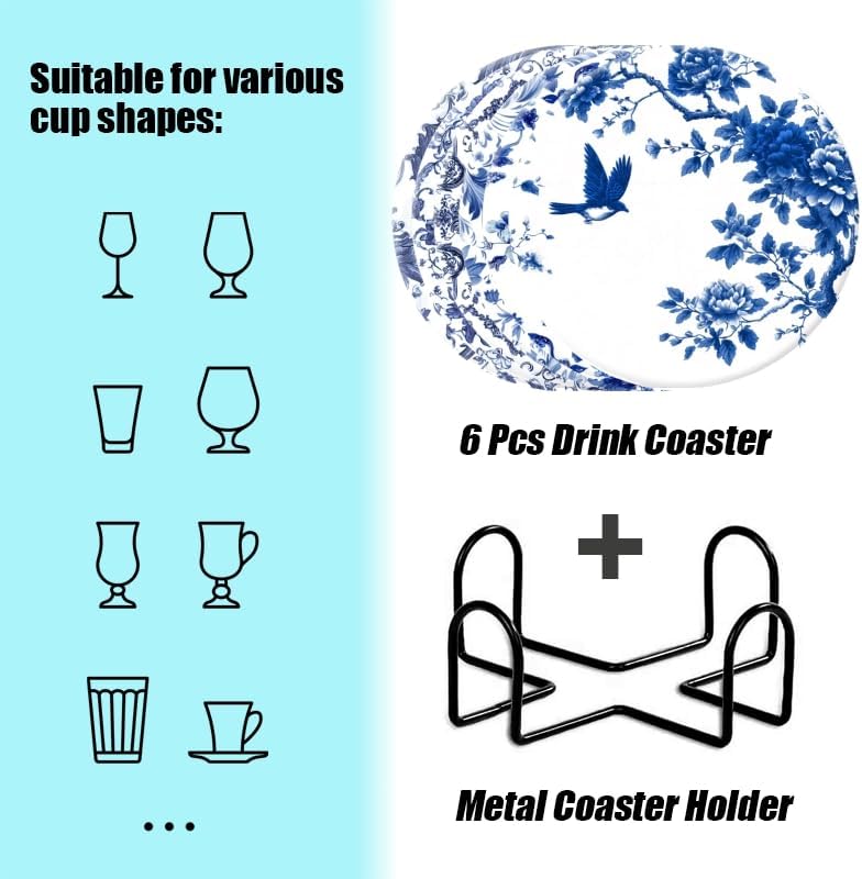 Absorbent Coasters for Drink Set of 6,Bule and White Coasters Cork