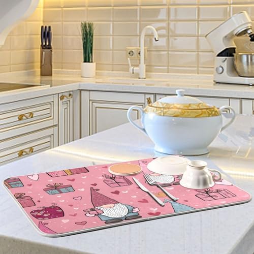 OTVEE Sweet Gnome Art Dish Drying Mat for Kitchen Counter Absorbent