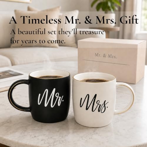 Triple Gifffted Mr and Mrs Coffee Mugs Couples Gift Set, 13oz Ceramic