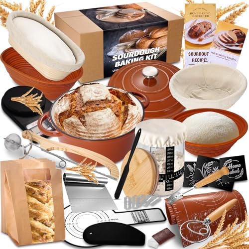 EWFEN Sourdough Starter Kit with Enamel Cast Iron Pot, Complete Sourdough Bread Baking Supplies, Round & Oval Bread Proofing Basket with 34 Oz Starter Jar, Bread Making Tools Kit