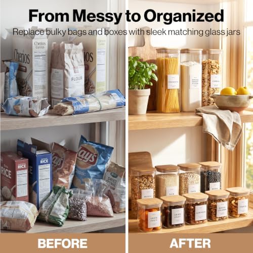Glass Pantry Storage Jars Containers with Bamboo Lids and Labels - Set