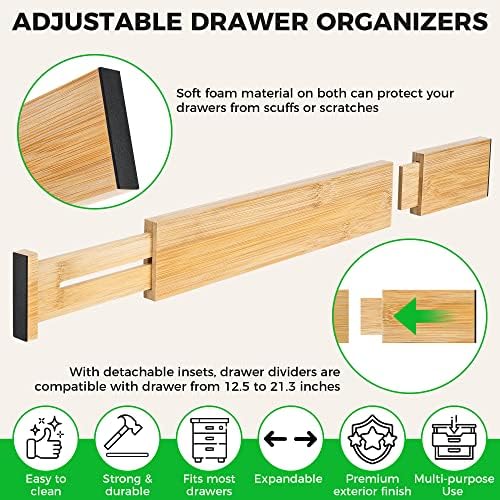 4 Pack Bamboo Drawer Dividers Organizer with Inserts 2.6'' High